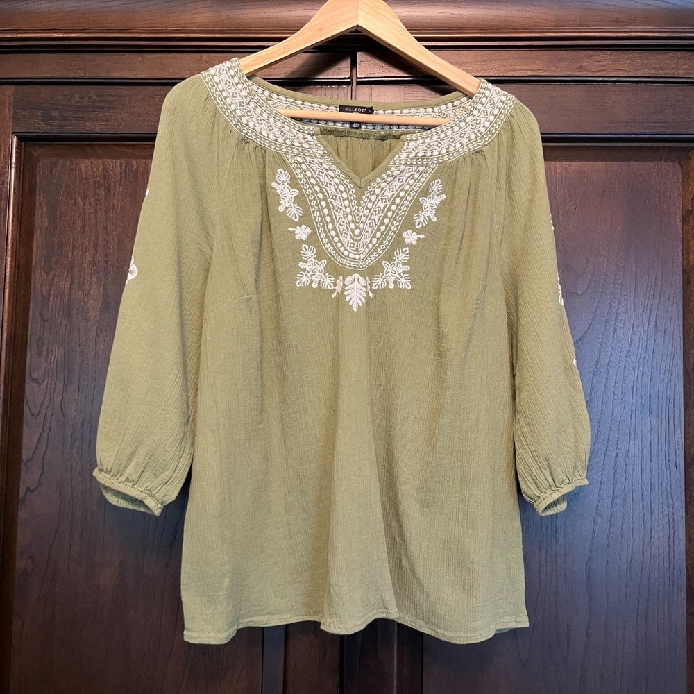 Talbots Petite 100% Cotton Embroidered Peasant Top Size LP L  Fall Boho Cottage